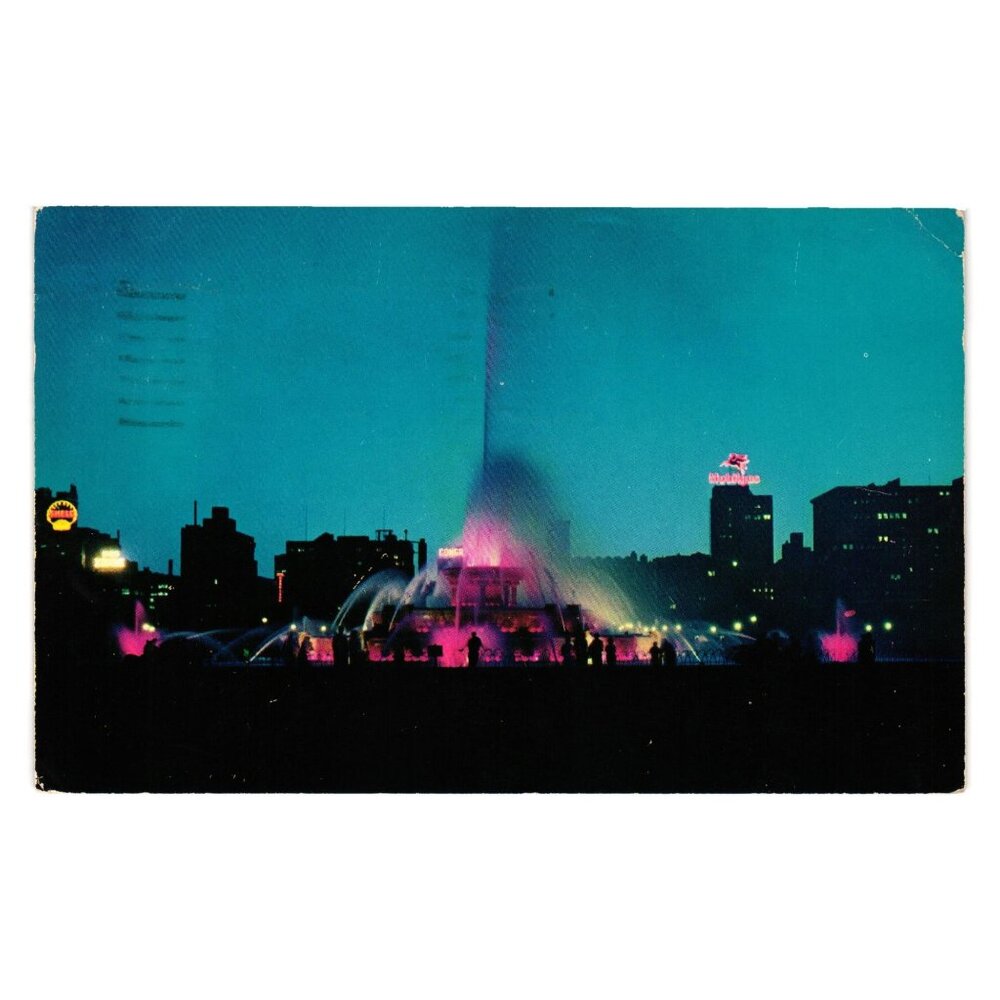 Buckingham Fountain Night Illuminated Postcard 1958 Vintage Chicago Skyline